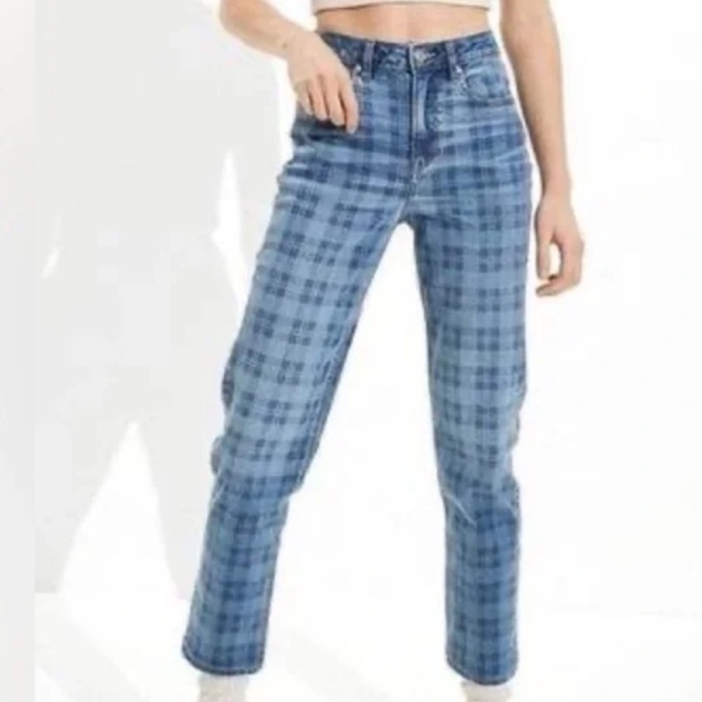 American Eagle Women 2 LONG Blue Plaid Denim High Rise Stretch Mom Straight Jean